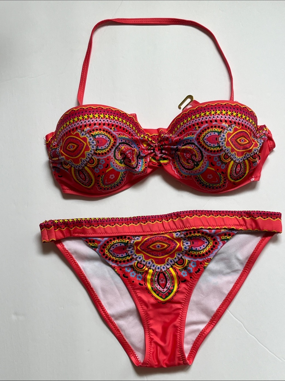 Bright Pink Bandeau Bikini Set with Paisley Print women’s medium